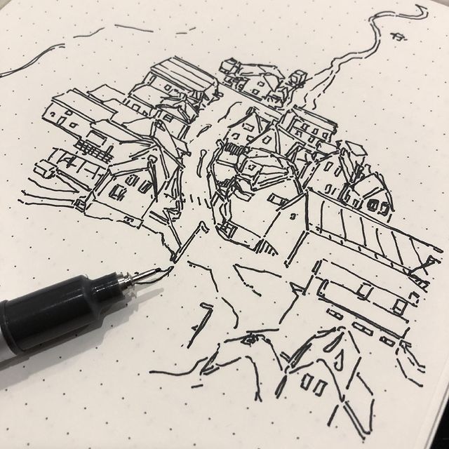 inked cityscape of a rural town