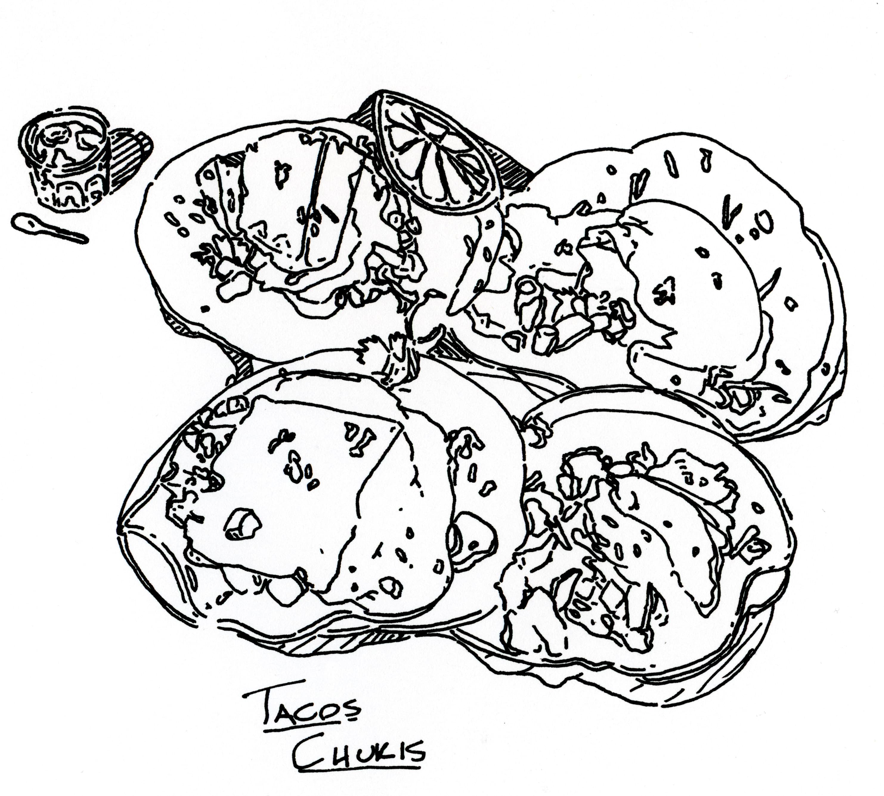 Ink drawing of four tacos