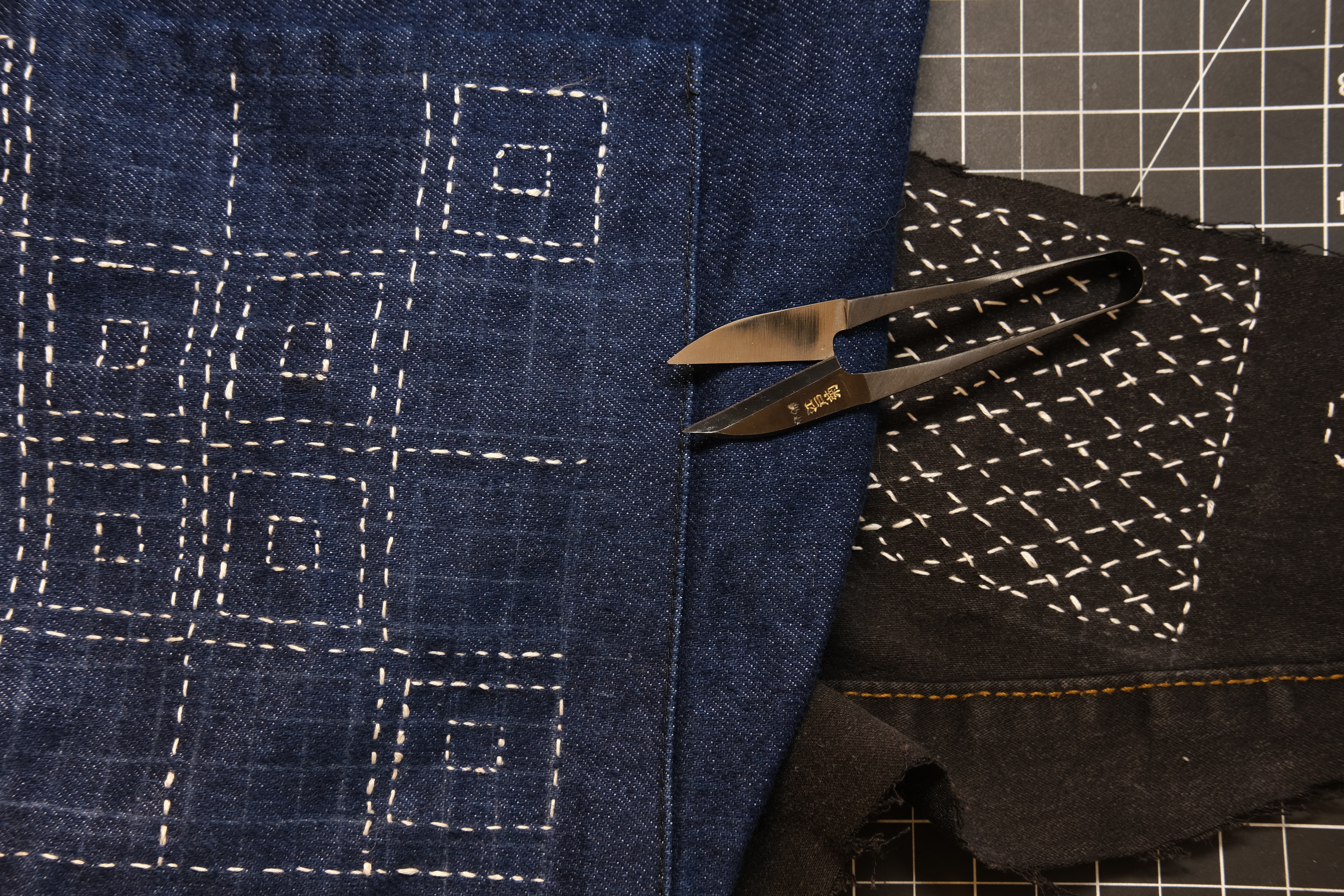 indigo and black fabric embroidered with geometric patterns in white thread